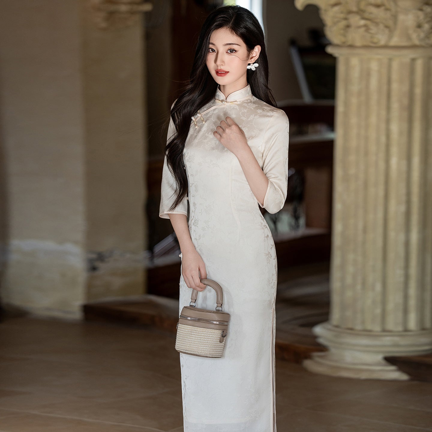 Ivory Jacquard Qipao Midi | Mandarin Collar 3/4 Sleeves, Slim Fit