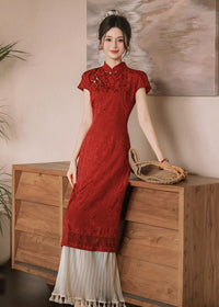 Wine Red Jacquard Mandarin Qipao Dress | A-Line Slim Waist Layered Pleated Tassel Skirt New Chinese Style