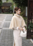 Fuzzy Winter Capelet | Ruffled Collar, Pearl Trim, Warm & Hanfu-Friendly
