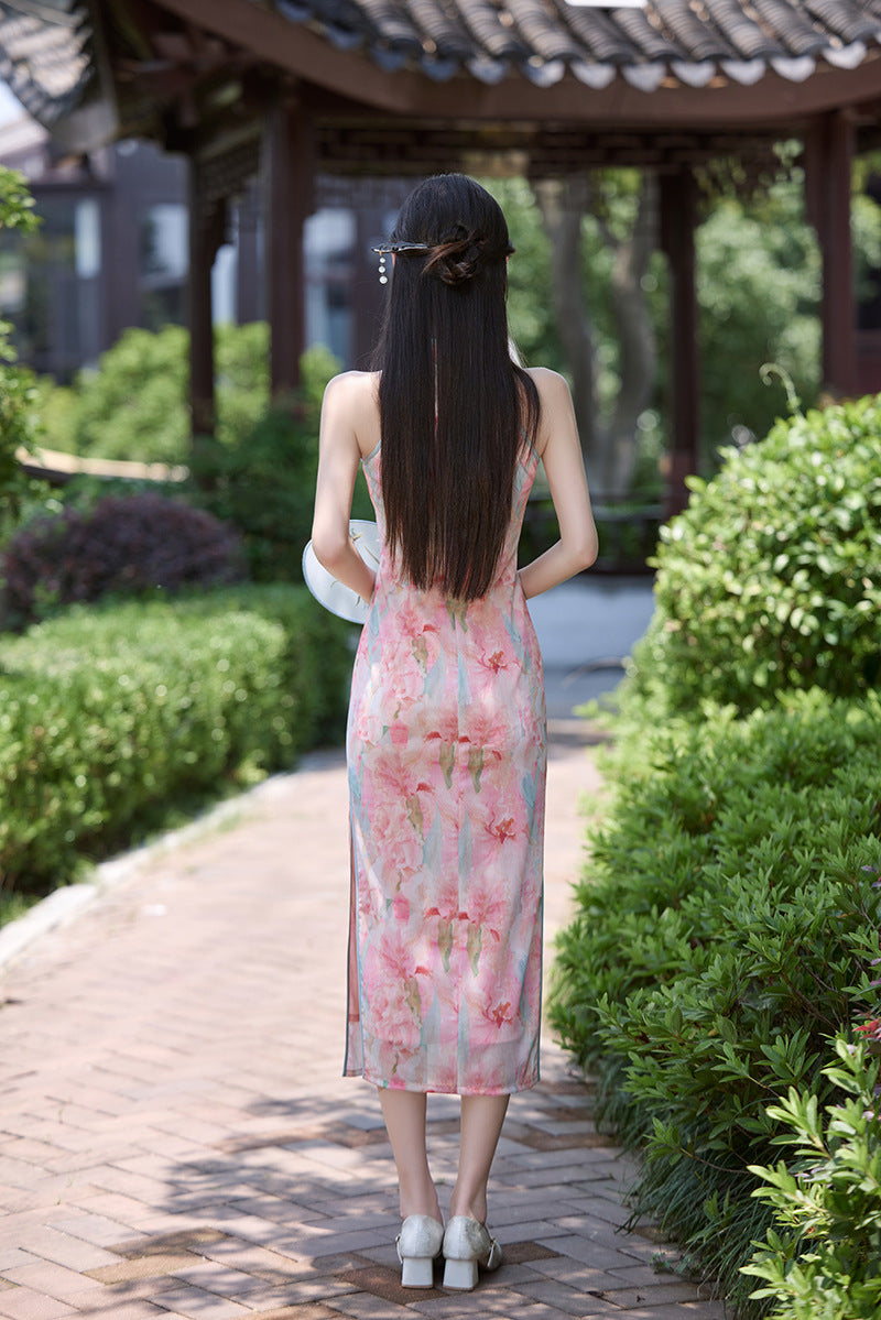 Sleeveless Slim Qipao | Watercolor Print Modern Cheongsam Maxi