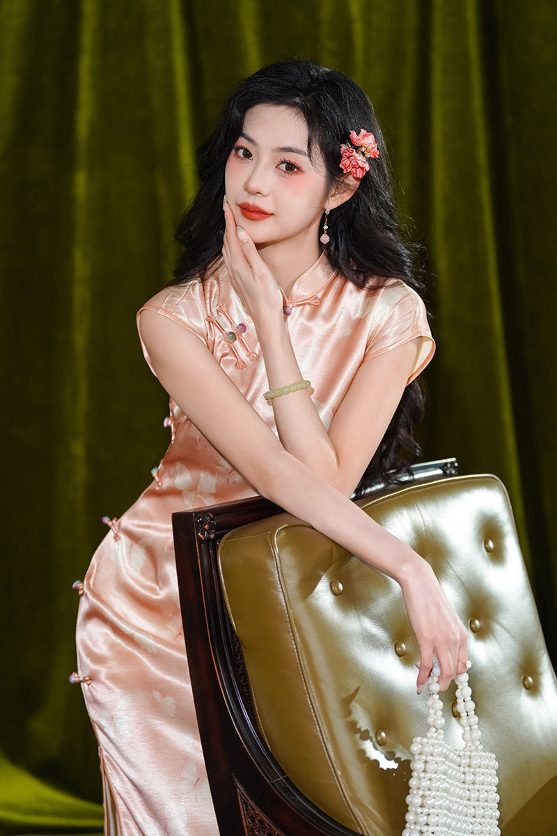 Peach Champagne Butterfly-Jacquard Modern Qipao Midi