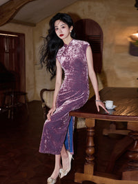 Purple Qipao Dress Slim-Fit Maxi Cheongsam with Mandarin Collar Frog Buttons