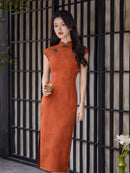 Orange Tonal Jacquard Short Sleeve Qipao Maxi Dress | Mandarin Collar Slit Cheongsam