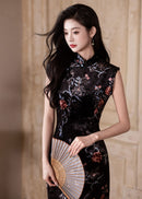 Black Floral Vintage Sleeveless Slim Qipao Gown