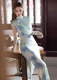 Chinese Ink Print Brocade Qipao | Slim-Fit Mandarin Collar Cheongsam