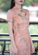 Peach Floral Short Qipao Dress for Women | Green Piping Frog Buttons Mandarin Collar Slim Fit