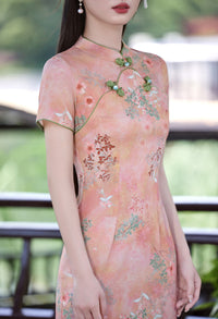Peach Floral Short Qipao Dress for Women | Green Piping Frog Buttons Mandarin Collar Slim Fit