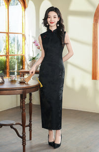 Vintage Black Double-Layer Jacquard Cheongsam Dress | Sleeveless