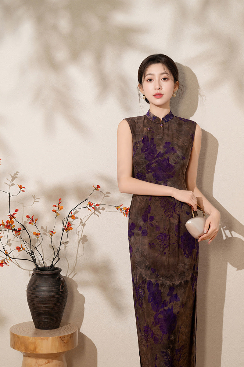 Floral Jacquard Sleeveless Qipao Dress | Vintage Mandarin Collar Maxi Cheongsam