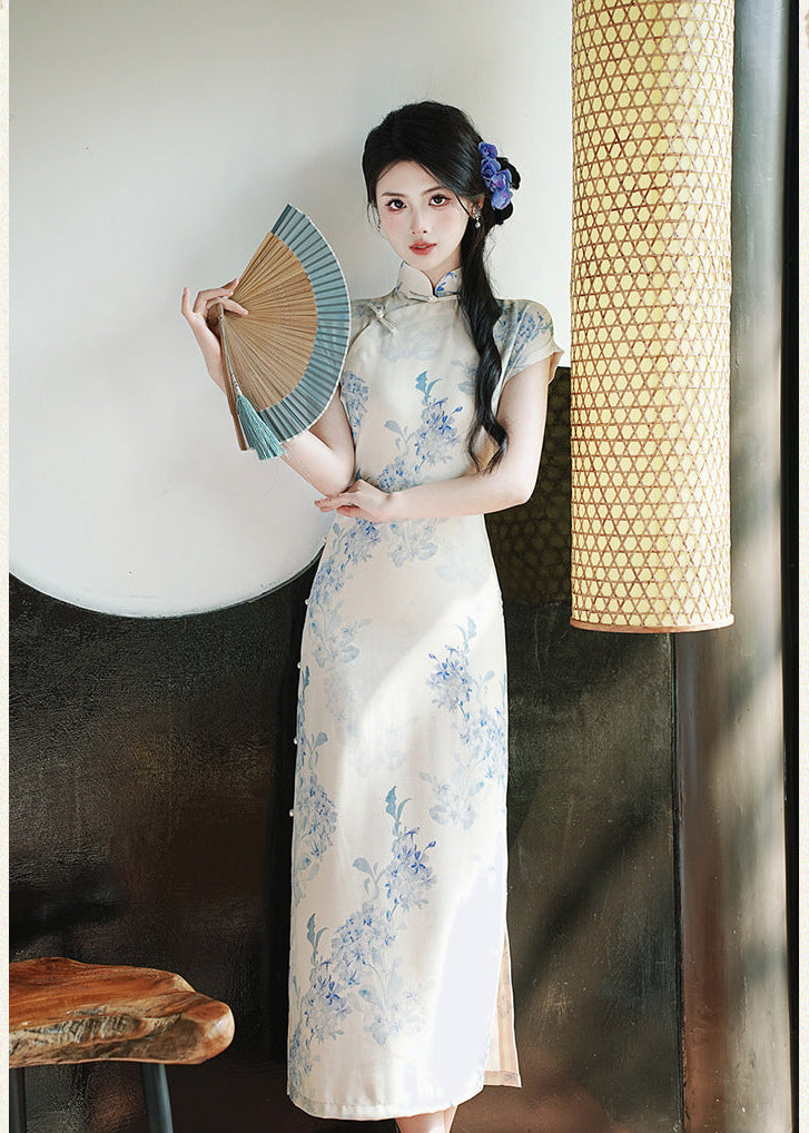 Ivory Blue Floral Qipao Dress | Mandarin Collar Slim Split Cheongsam Maxi