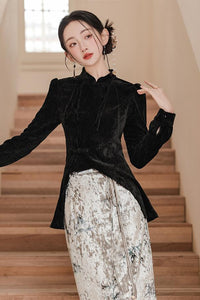 Vintage Velvet Black Top with Embroidered Silk Skirt