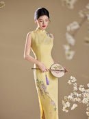 Yellow Jacquard Sleeveless Qipao Maxi Dress | Mandarin Collar Slim Slit Cheongsam