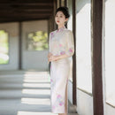 Pink Floral Three-Quarter Sleeve Qipao Dress | Refined Formal Look