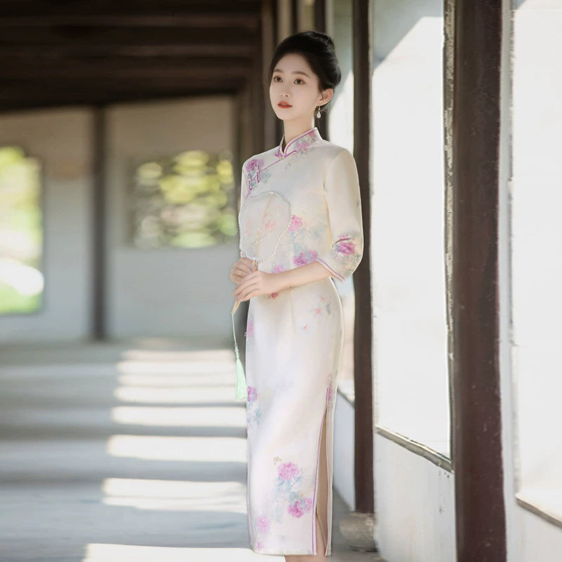 Pink Floral Three-Quarter Sleeve Qipao Dress | Refined Formal Look