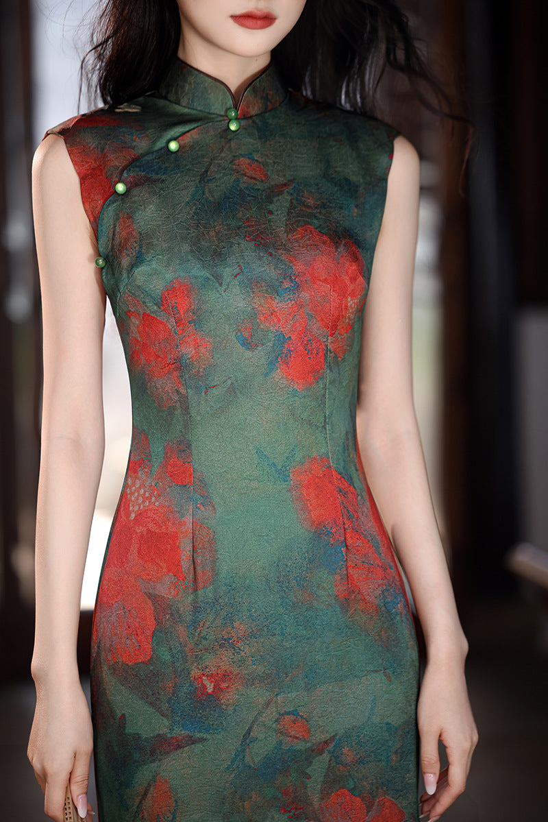 Pine-Green Watercolor Floral Qipao | Sleeveless Slim Long Dress with Side Slit
