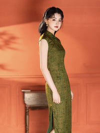 Green Jacquard Sleeveless Qipao Dress | Mandarin Collar Slim Maxi Cheongsam