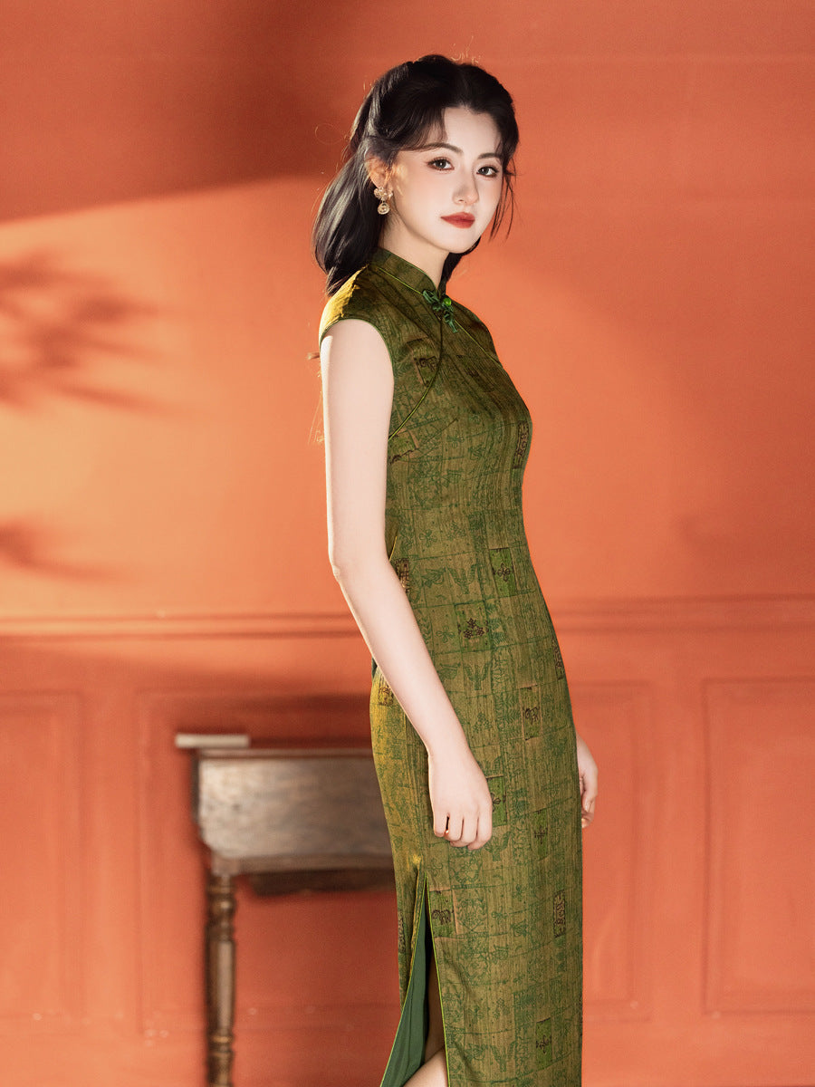 Green Jacquard Sleeveless Qipao Dress | Mandarin Collar Slim Maxi Cheongsam