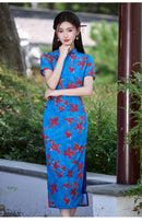 Vintage Blue Qipao Dress | Mandarin Collar Slim Maxi with Side Slit