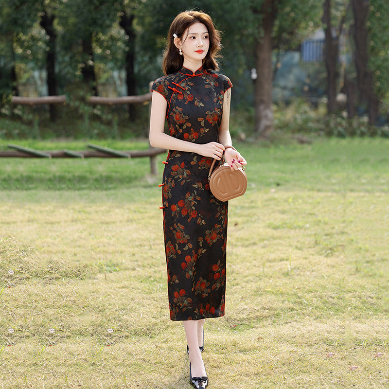 Elegant Floral Cheongsam Dress with Classic Mandarin Collar & Red Knot Details