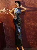 Floral Print Vintage Qipao | Slim Fit Mandarin Collar Long Maxi