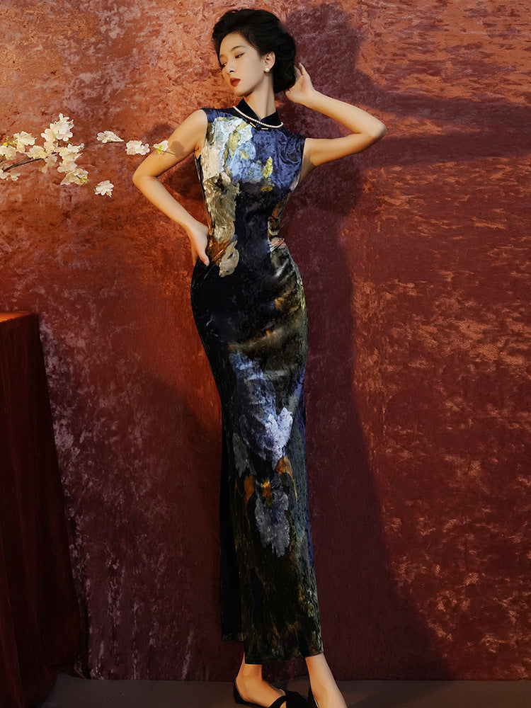 Floral Print Vintage Qipao | Slim Fit Mandarin Collar Long Maxi
