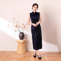 Navy Velvet Sleeveless Long Qipao Dress | Mandarin Collar Slim Side Slit Vintage Gown