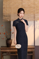 BlackTonal Jacquard Short Sleeve Qipao Dress | Mandarin Collar Slim Midi Cheongsam