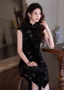 Black Stretch Long Qipao | Modern Mandarin Slim Evening Gown