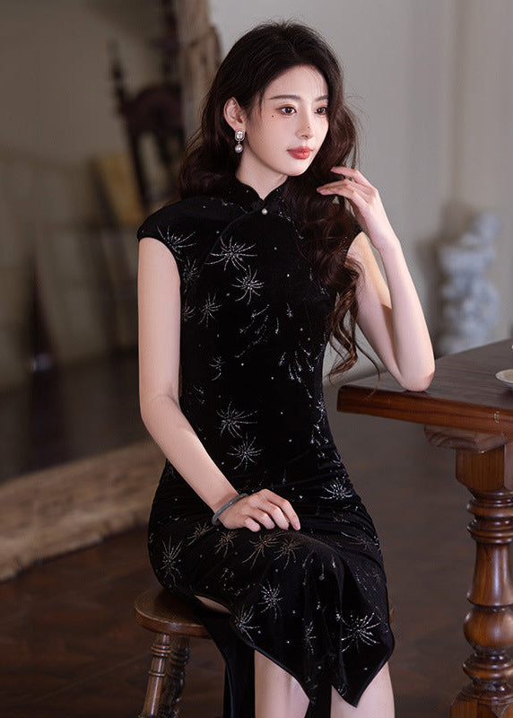 Black Stretch Long Qipao | Modern Mandarin Slim Evening Gown