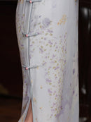 Dusty Grey Lilac Floral Jacquard Sleeveless Qipao Dress | Slim Mandarin Collar Cheongsam Midi for Tea Party
