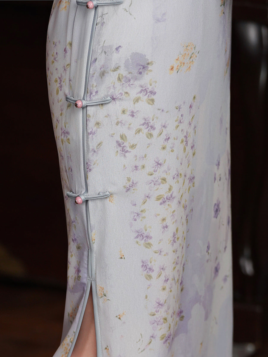 Dusty Grey Lilac Floral Jacquard Sleeveless Qipao Dress | Slim Mandarin Collar Cheongsam Midi for Tea Party