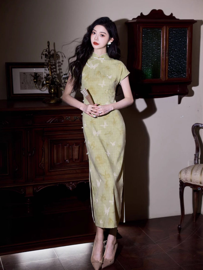 Butterfly Print Modern Qipao Maxi | Mandarin Collar & Frog Buttons