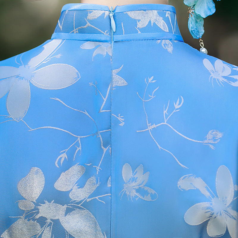 Sky Blue Floral Long Qipao Dress for Women | Mandarin Collar Frog Buttons Slim Fit Side Slit