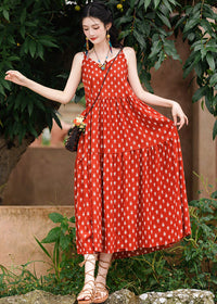 Red Bohemian Printed Cami Dress | V-Neck Spaghetti Straps | Tiered A-Line Maxi for Resort & Beach