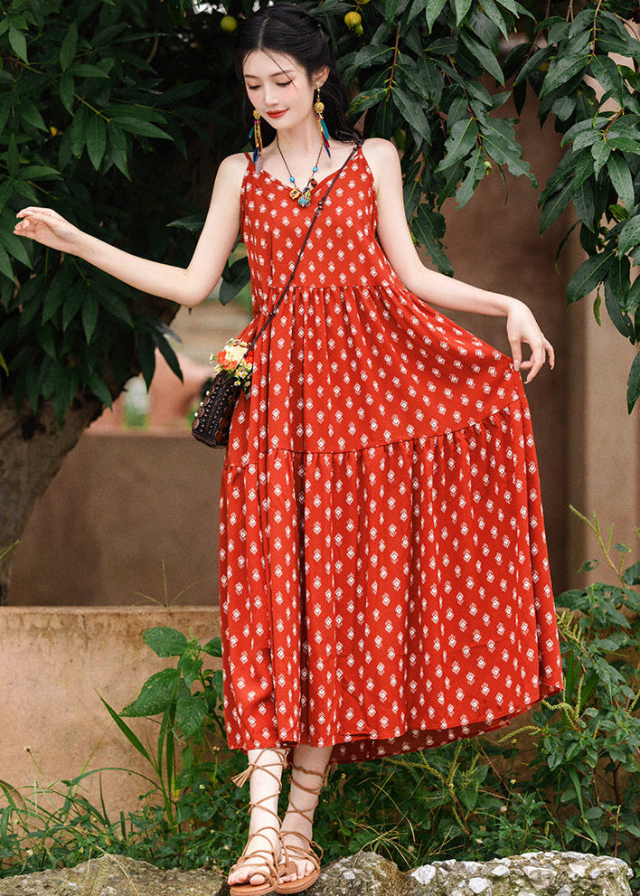 Red Bohemian Printed Cami Dress | V-Neck Spaghetti Straps | Tiered A-Line Maxi for Resort & Beach