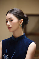 Sleeveless Navy Embroidered Qipao Long Dress | Mandarin Collar Slim Silhouette