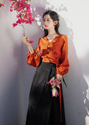 Modern Hanfu Mamian Skirt Set | Jacquard Wrap V-Neck Top with Lantern Sleeves