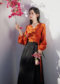 Modern Hanfu Mamian Skirt Set | Jacquard Wrap V-Neck Top with Lantern Sleeves