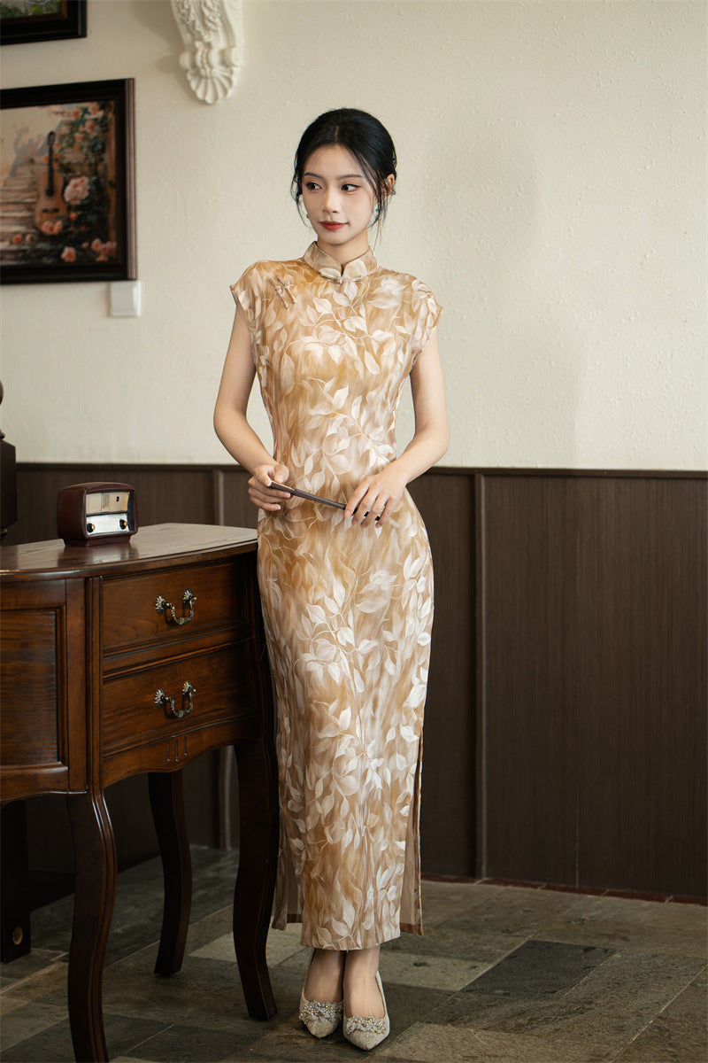 Champagne Gold Jacquard Qipao Dress | Sleeveless Mandarin Collar Slim Waist Long Cheongsam