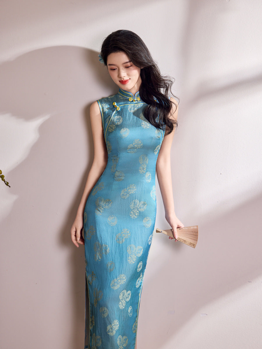 Peacock Blue Geometric Jacquard Sleeveless Qipao Maxi Dress | Mandarin Collar Slim Slit Cheongsam