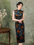 Black Rust Floral Velvet Sleeveless Qipao Dress | Slim Mandarin Midi