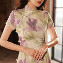 Breathable Linen-Feel Floral Qipao | Soft Green & Lilac Iris