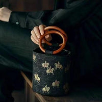 Elegant Bucket Handbag With Wooden Handles And Vintage Horse Pattern