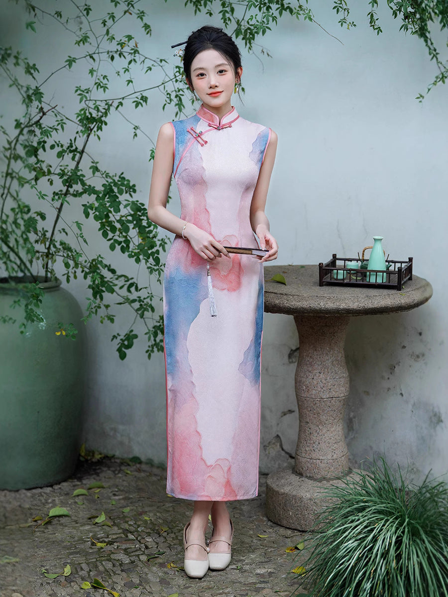 Watercolor Ombre Sleeveless Qipao Maxi | Pink–Blue Mandarin Collar