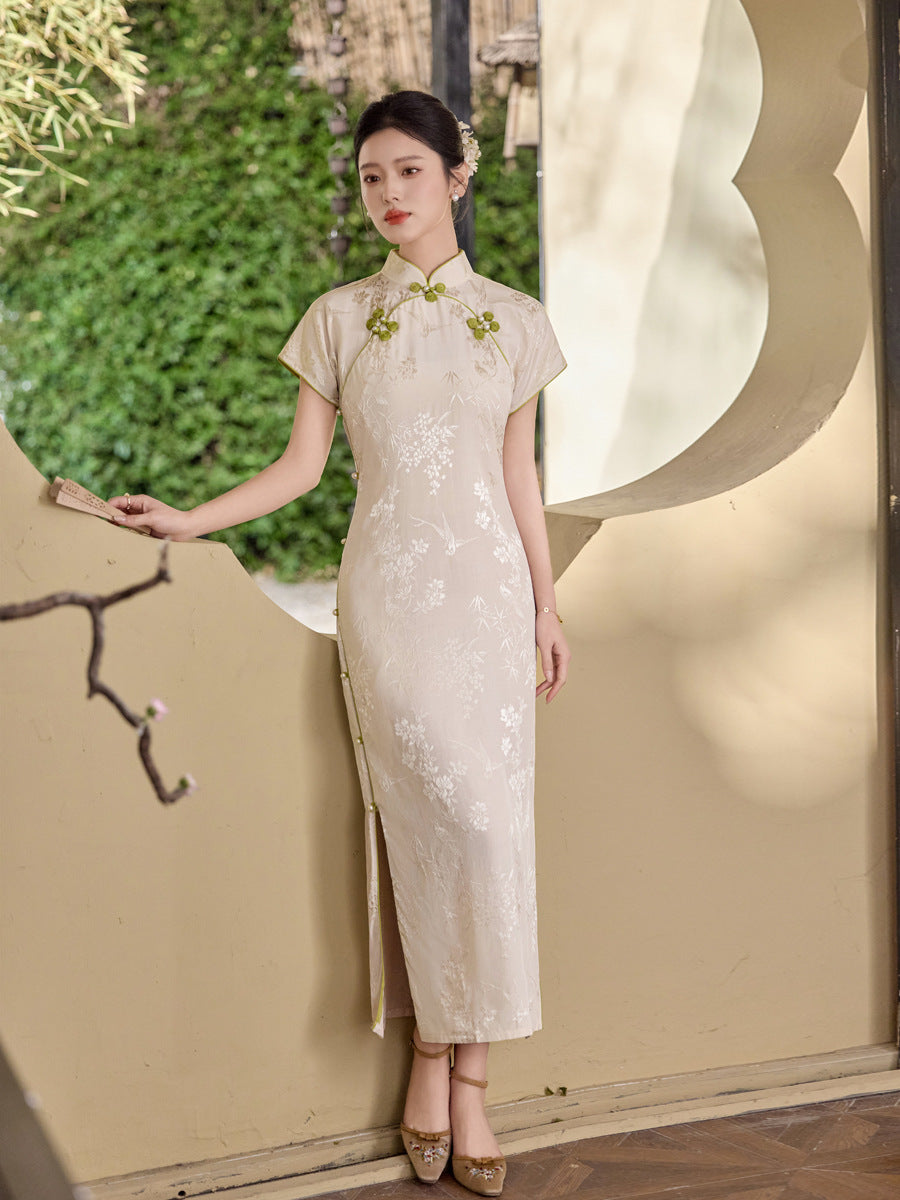 Ivory Floral Embroidered Qipao Maxi Dress | Green Frog Buttons Mandarin Collar Slit
