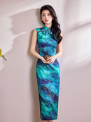 Peacock Blue Ink-Wash Sleeveless Qipao Maxi Dress | Mandarin Collar Slit Cheongsam