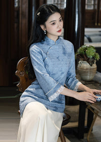 Modern Chinese Long-Sleeve Cinched Dress