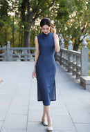 Deep Navy Minimalist Sleeveless Qipao Dress | Mandarin Collar Slim Maxi Cheongsam