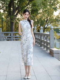 Chinese Vintage Bamboo Leaf Print Qipao | Elegant Slim-Fit Dress