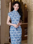 Spring Elegant Qipao Midi | Ice-Blue Geometric Print